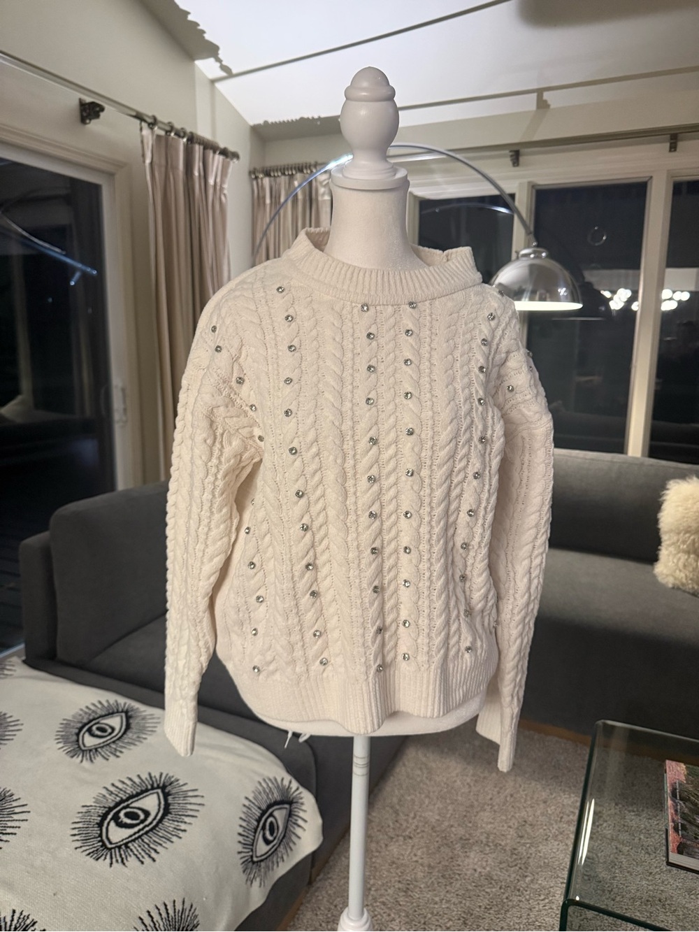 Cynthia Rowley Ivory Cable Knit Sweater with Stud Embellishments